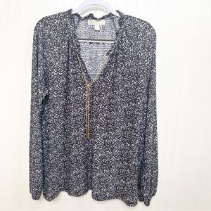 MICHAEL Michael Kors Black & White Mini Floral Gold Chain Tassel Blouse Size XL